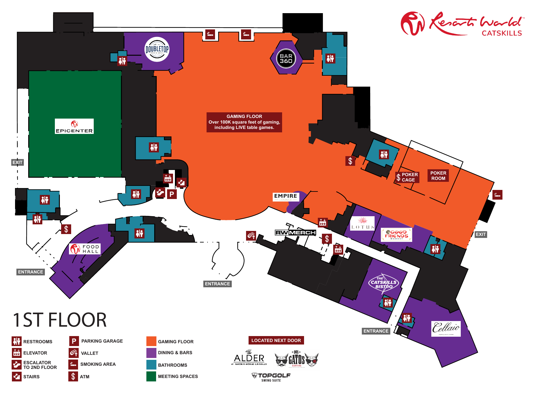 Resorts World Catskills first-floor site map showing entrances, gaming floor, dining, bars, food hall, restrooms, and adjacent attractions.